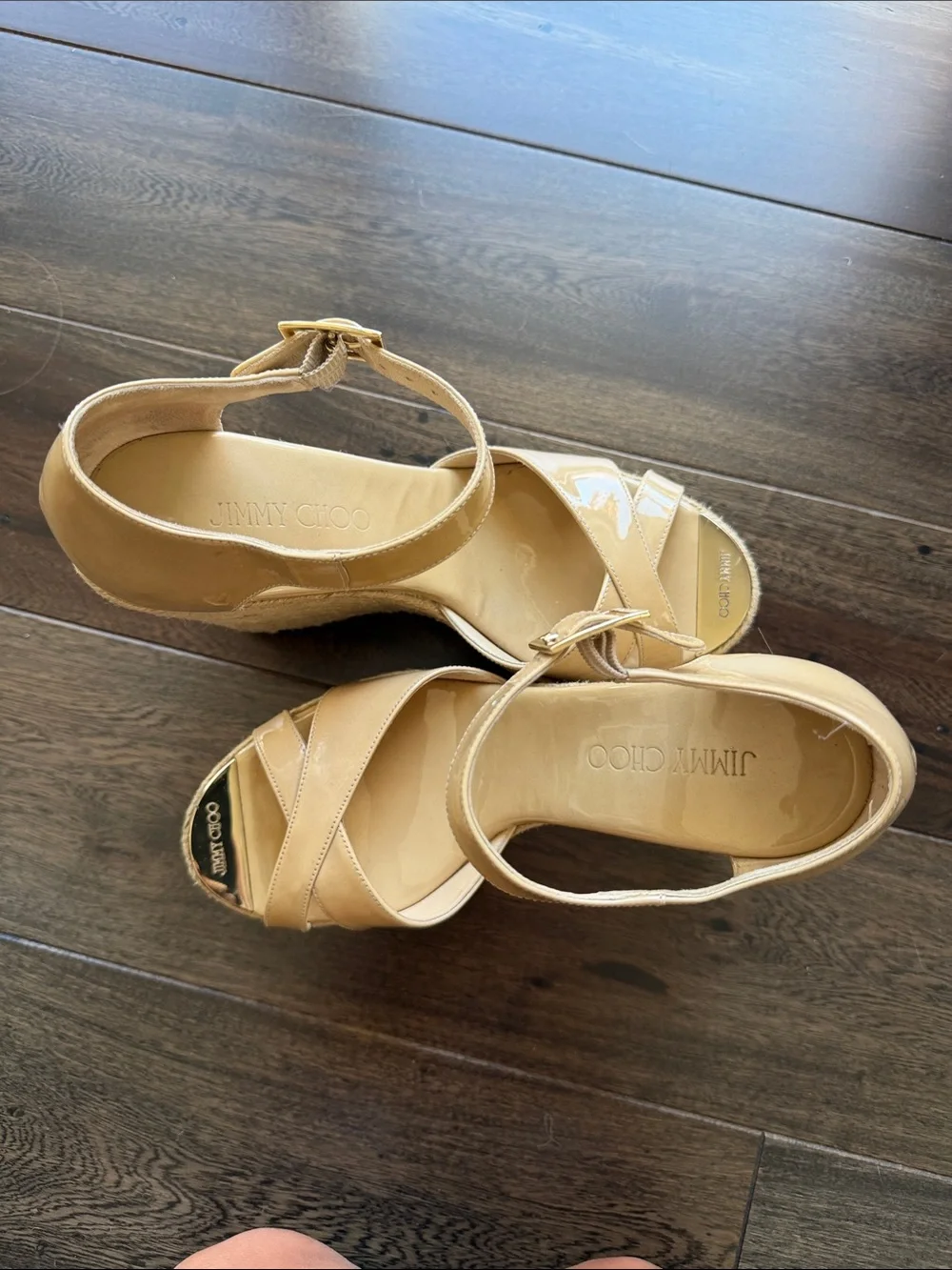Jimmy Choo Beige Patent Leather Wedge Sandals